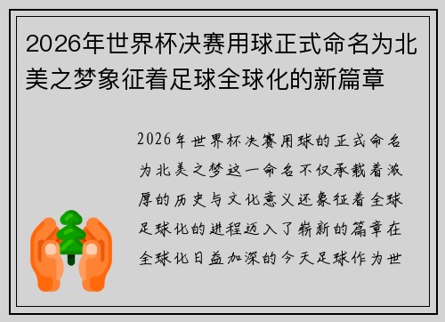 2026年世界杯决赛用球正式命名为北美之梦象征着足球全球化的新篇章