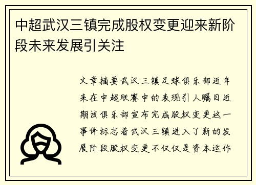 中超武汉三镇完成股权变更迎来新阶段未来发展引关注
