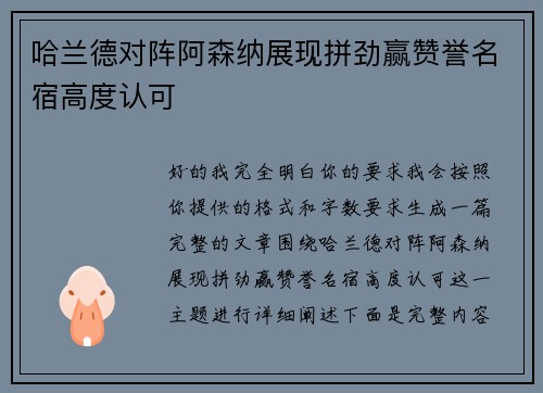 哈兰德对阵阿森纳展现拼劲赢赞誉名宿高度认可