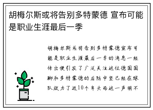 胡梅尔斯或将告别多特蒙德 宣布可能是职业生涯最后一季